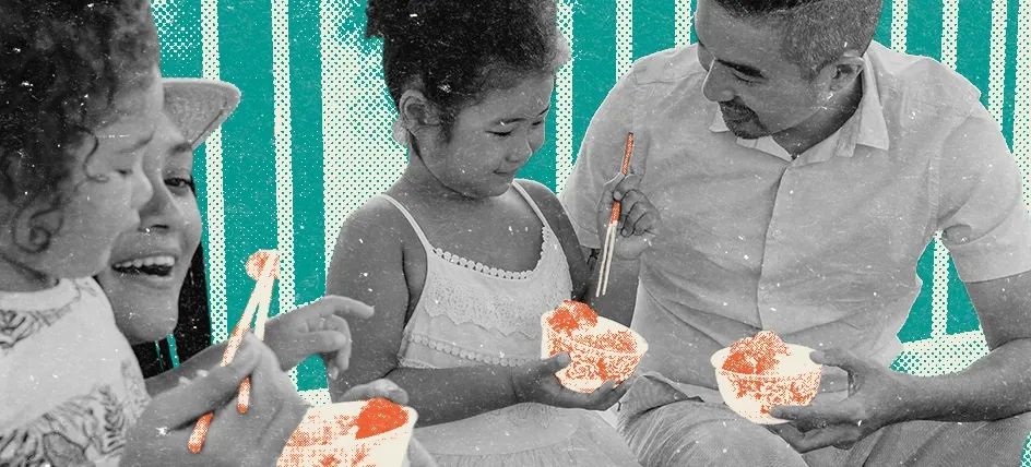 Smiling family sitting together and eating from bowls with chopsticks, representing shared meals and healthy family time.