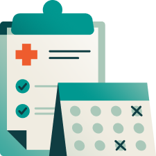 Illustration of a medical checklist on a clipboard next to a calendar with marked dates, representing healthcare planning or appointment scheduling.