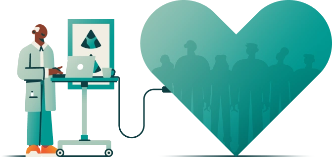 Illustration of a healthcare professional using a laptop connected to a large heart shape containing silhouettes of diverse people, symbolizing data-driven population health