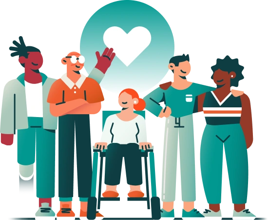 Illustration of a diverse group of people, including a person in a wheelchair, standing together with a heart symbol in the background, representing inclusion, community, and support.